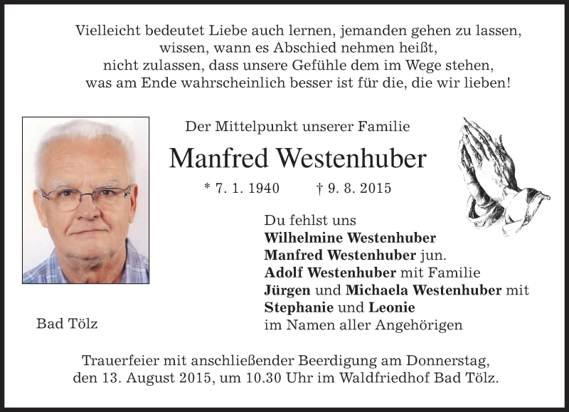  Traueranzeige für Manfred Westenhuber vom 12.08.2015 aus merkurtz