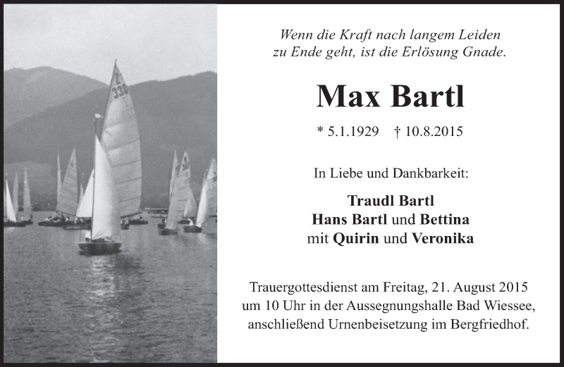  Traueranzeige für Max Bartl vom 18.08.2015 aus merkurtz