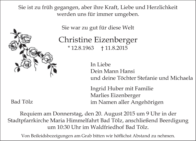  Traueranzeige für Christine Eizenberger vom 18.08.2015 aus merkurtz