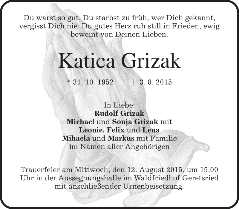  Traueranzeige für Katica Grizak vom 08.08.2015 aus merkurtz