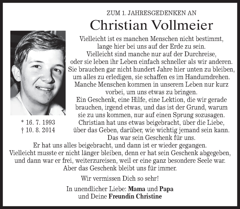  Traueranzeige für Christian Vollmeier vom 10.08.2015 aus merkurtz