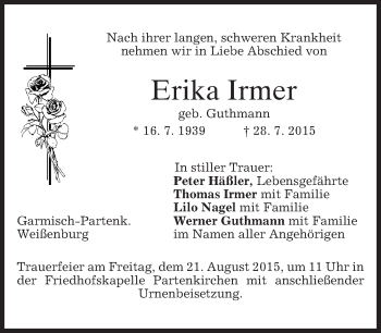 Traueranzeige von Erika Irmer von merkurtz