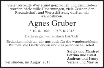 Traueranzeige von Agnes Gruber von merkurtz