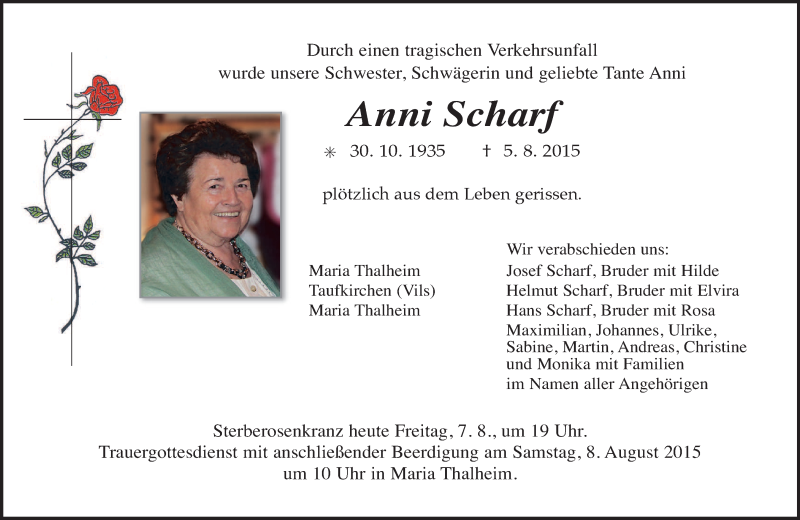  Traueranzeige für Anni Scharf vom 07.08.2015 aus merkurtz