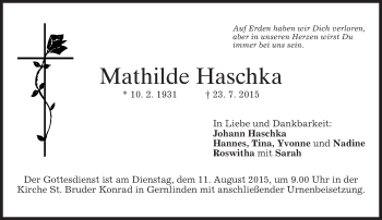 Traueranzeige von Mathilde Haschka von merkurtz