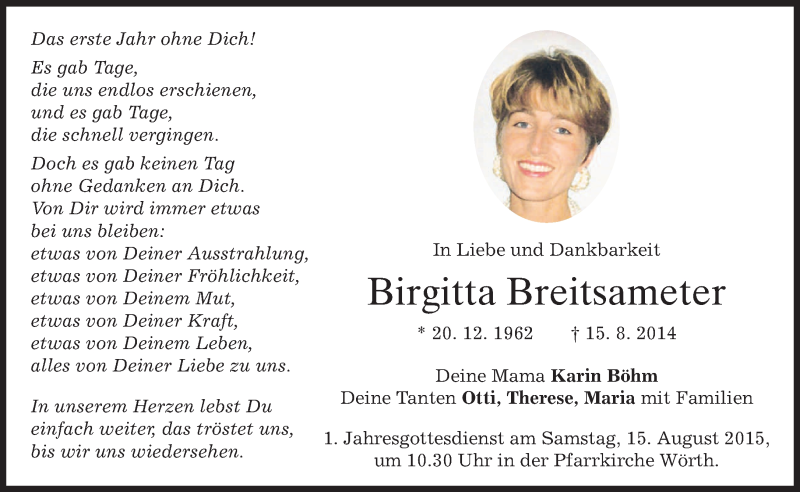  Traueranzeige für Birgitta Breitsameter vom 08.08.2015 aus merkurtz