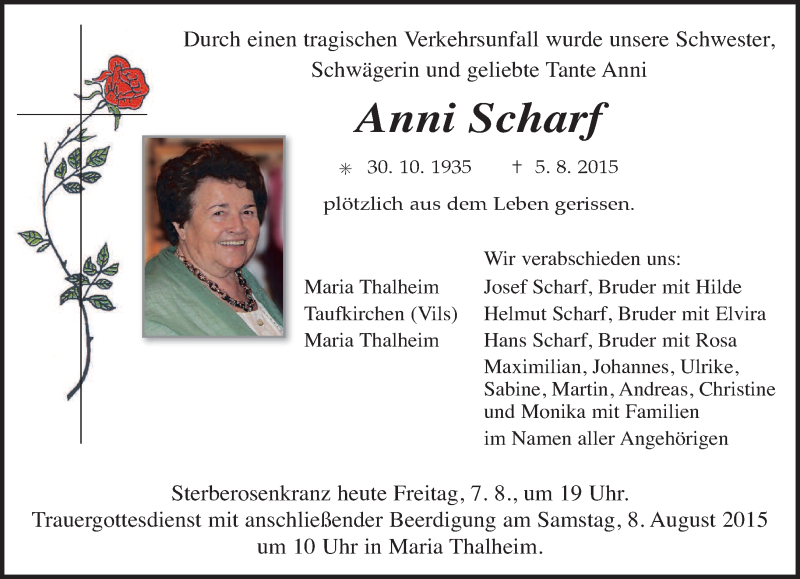  Traueranzeige für Anni Scharf vom 07.08.2015 aus merkurtz