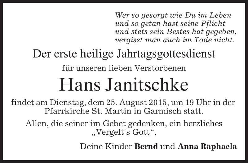  Traueranzeige für Hans Janitschke vom 22.08.2015 aus merkurtz