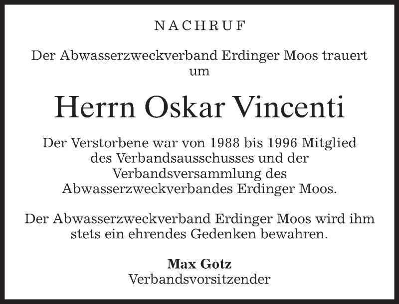  Traueranzeige für Oskar Vincenti vom 19.08.2015 aus merkurtz
