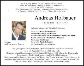 Traueranzeige von Andreas Hofbauer von merkurtz