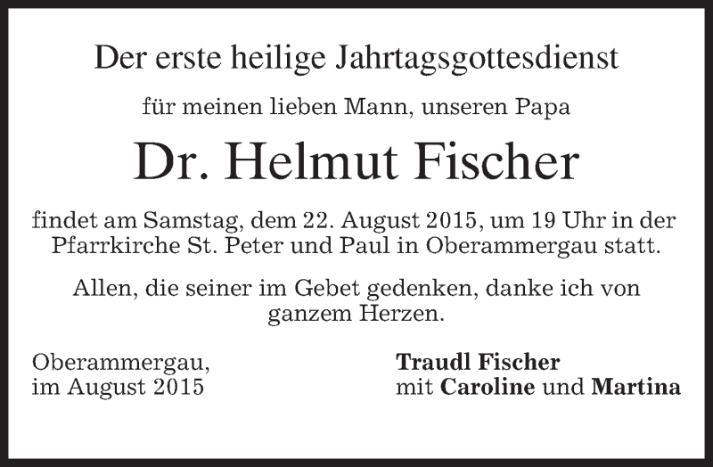  Traueranzeige für Helmut Fischer vom 19.08.2015 aus merkurtz