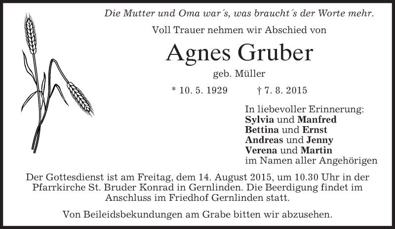  Traueranzeige für Agnes Gruber vom 12.08.2015 aus merkurtz