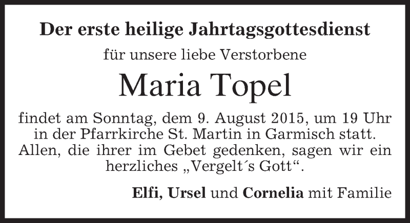  Traueranzeige für Maria Topel vom 08.08.2015 aus merkurtz