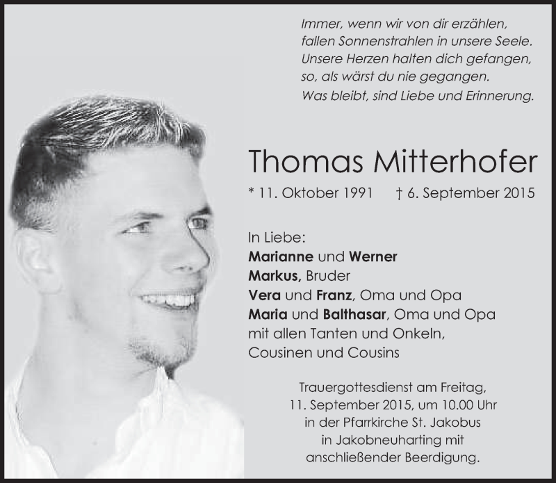  Traueranzeige für Thomas Mitterhofer vom 09.09.2015 aus merkurtz