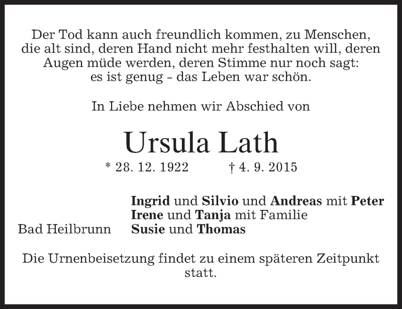  Traueranzeige für Ursula Lath vom 11.09.2015 aus 