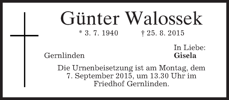  Traueranzeige für Günter Walossek vom 05.09.2015 aus merkurtz