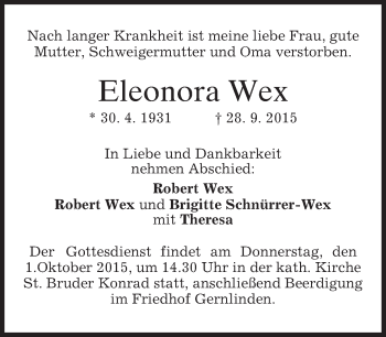 Traueranzeige von Eleonora Wex 