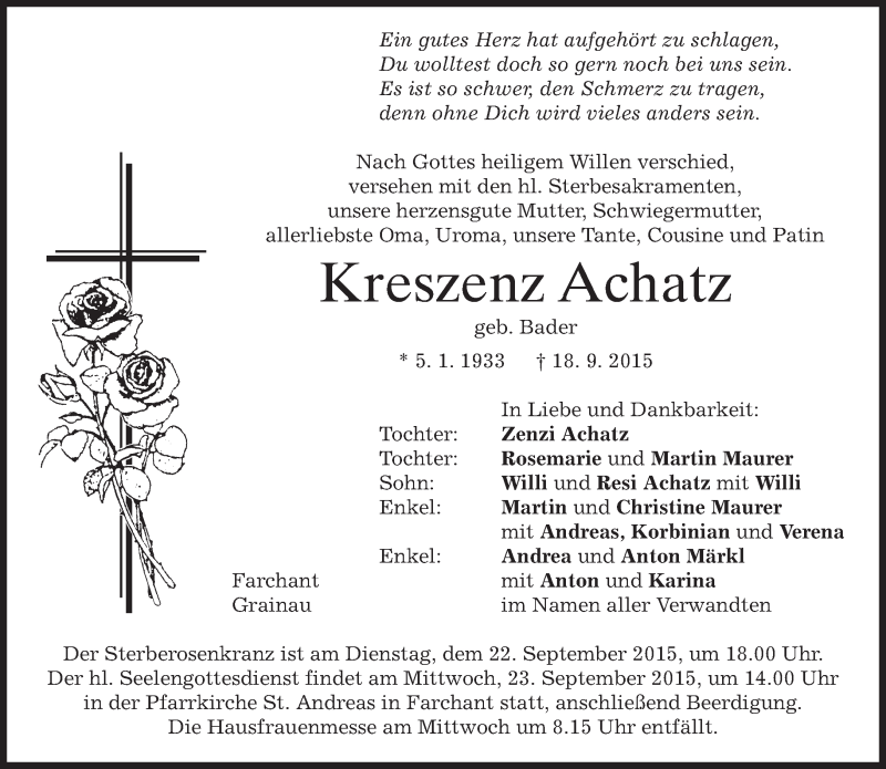  Traueranzeige für Kreszenz Achatz vom 21.09.2015 aus 