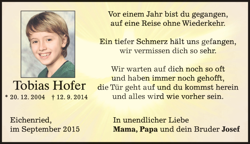  Traueranzeige für Tobias Hofer vom 12.09.2015 aus 