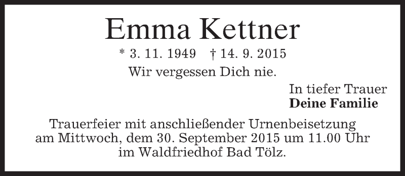  Traueranzeige für Emma Kettner vom 26.09.2015 aus 
