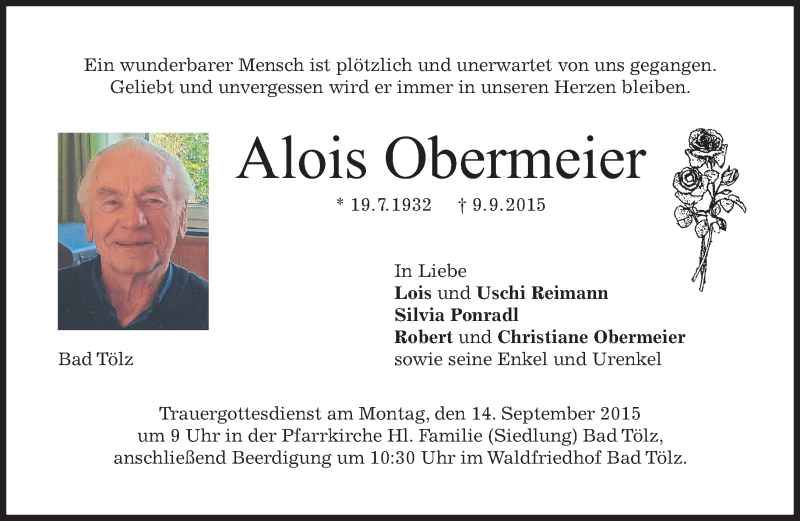  Traueranzeige für Alois Obermeier vom 12.09.2015 aus 