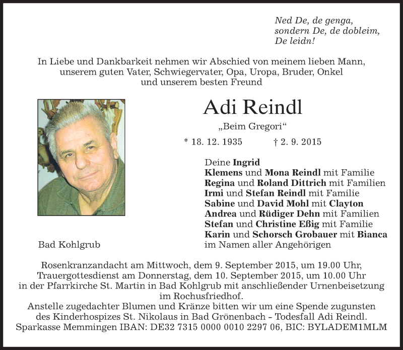  Traueranzeige für Adi Reindl vom 07.09.2015 aus merkurtz