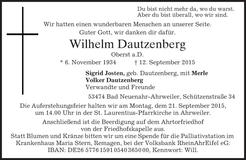  Traueranzeige für Wilhelm Dautzenberg vom 19.09.2015 aus 
