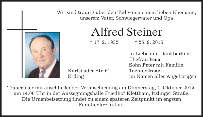 Traueranzeigen Von Alfred Steiner 