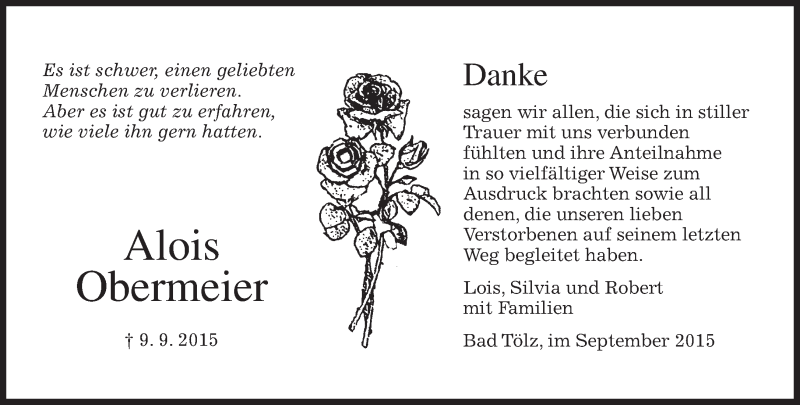  Traueranzeige für Alois Obermeier vom 19.09.2015 aus 