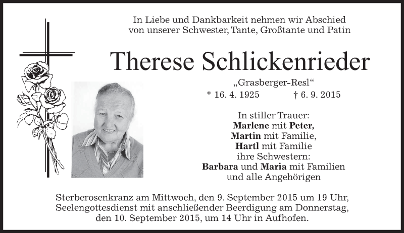  Traueranzeige für Therese Schlickenrieder vom 08.09.2015 aus merkurtz