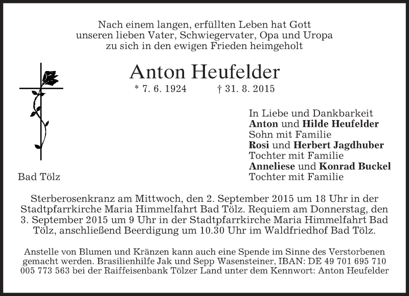  Traueranzeige für Anton Heufelder vom 01.09.2015 aus merkurtz