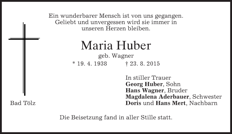  Traueranzeige für Maria Huber vom 16.09.2015 aus 
