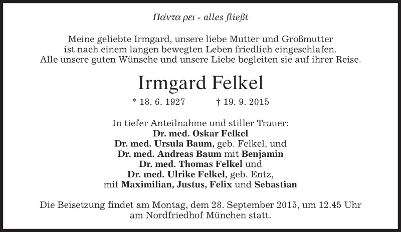  Traueranzeige für Irmgard Felkel vom 26.09.2015 aus 