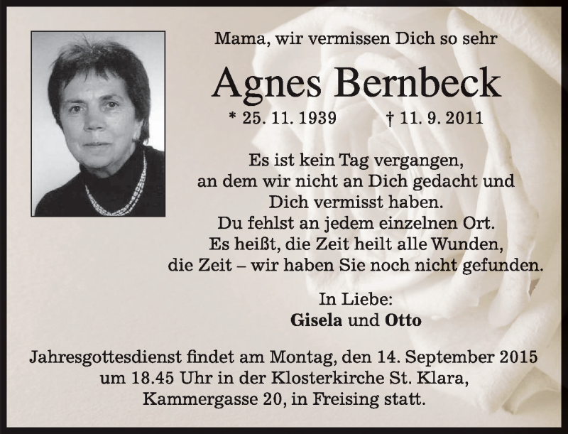  Traueranzeige für Agnes Bernbeck vom 11.09.2015 aus 