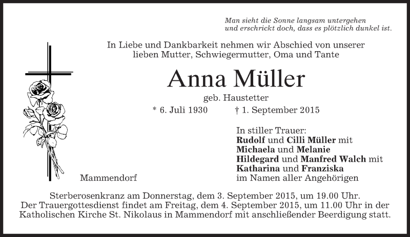  Traueranzeige für Anna Müller vom 03.09.2015 aus merkurtz