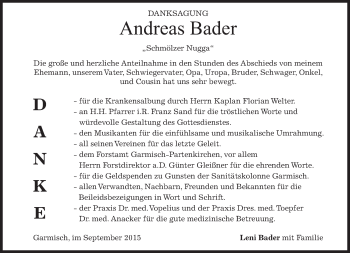 Traueranzeige von Andreas Bader 
