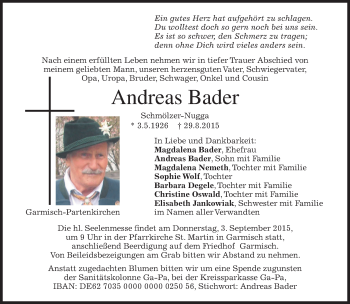 Traueranzeige von Andreas Bader von merkurtz