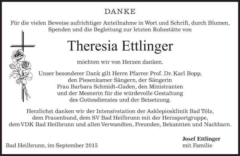  Traueranzeige für Theresia Ettlinger vom 19.09.2015 aus 
