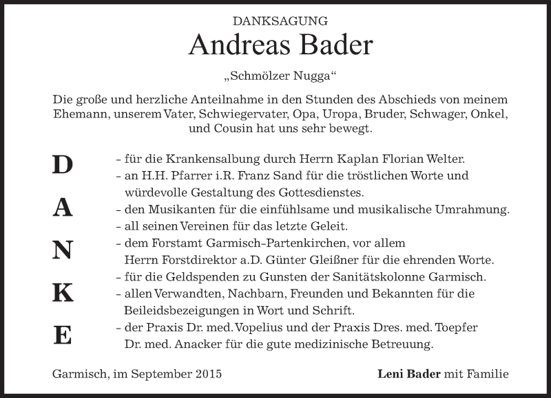  Traueranzeige für Andreas Bader vom 12.09.2015 aus 