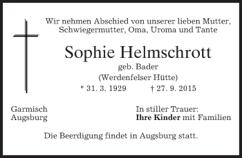 Traueranzeige von Sophie Helmschrott 
