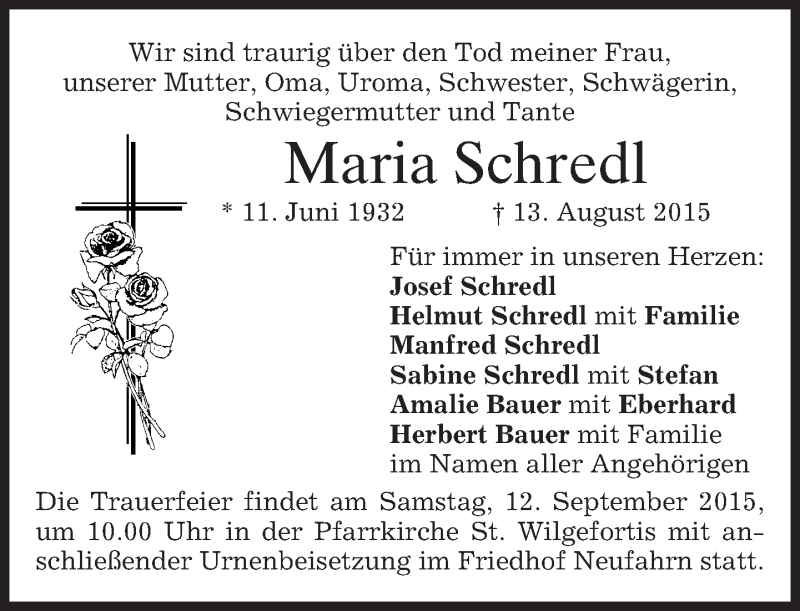  Traueranzeige für Maria Schredl vom 09.09.2015 aus merkurtz