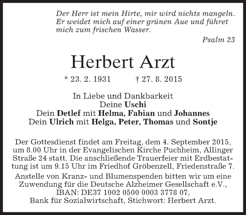 Traueranzeigen von Herbert Arzt | trauer.merkur.de