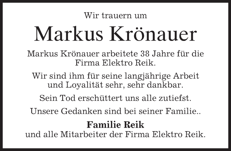  Traueranzeige für Markus Krönauer vom 12.09.2015 aus 