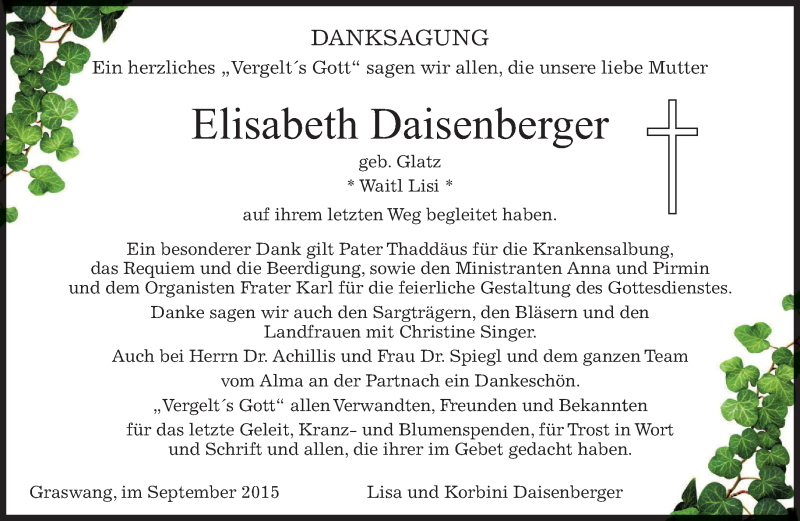  Traueranzeige für Elisabeth Daisenberger vom 26.09.2015 aus 