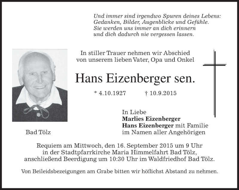  Traueranzeige für Hans Eizenberger vom 14.09.2015 aus 