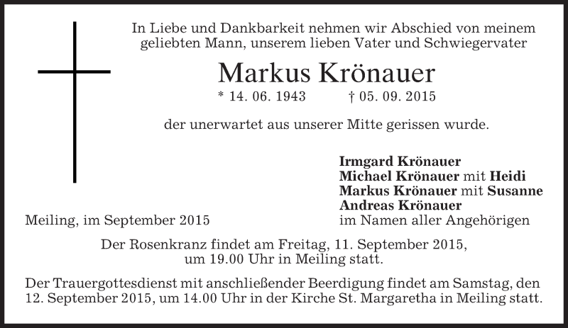  Traueranzeige für Markus Krönauer vom 09.09.2015 aus merkurtz