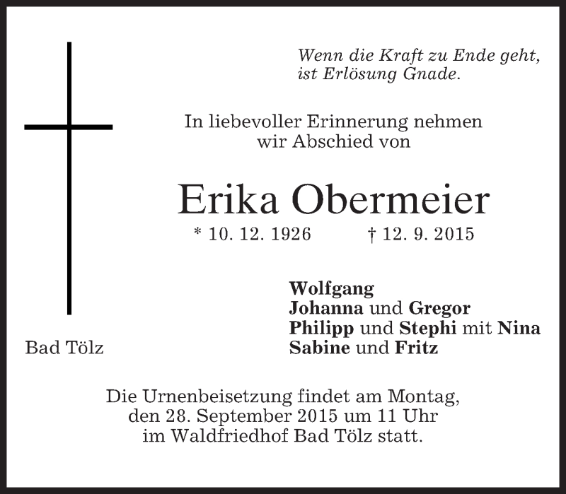  Traueranzeige für Erika Obermeier vom 25.09.2015 aus 