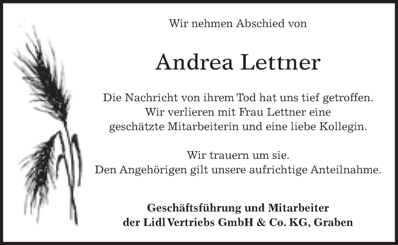 Traueranzeige für Andrea Lettner vom 24.09.2015 aus 