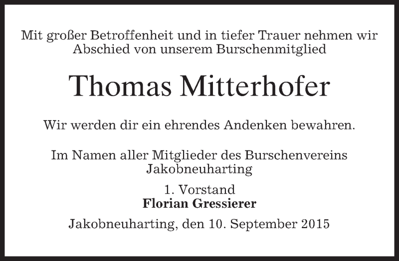  Traueranzeige für Thomas Mitterhofer vom 10.09.2015 aus 