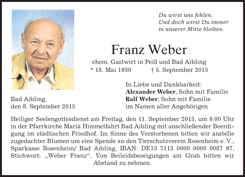  Traueranzeige für Franz Weber vom 08.09.2015 aus merkurtz